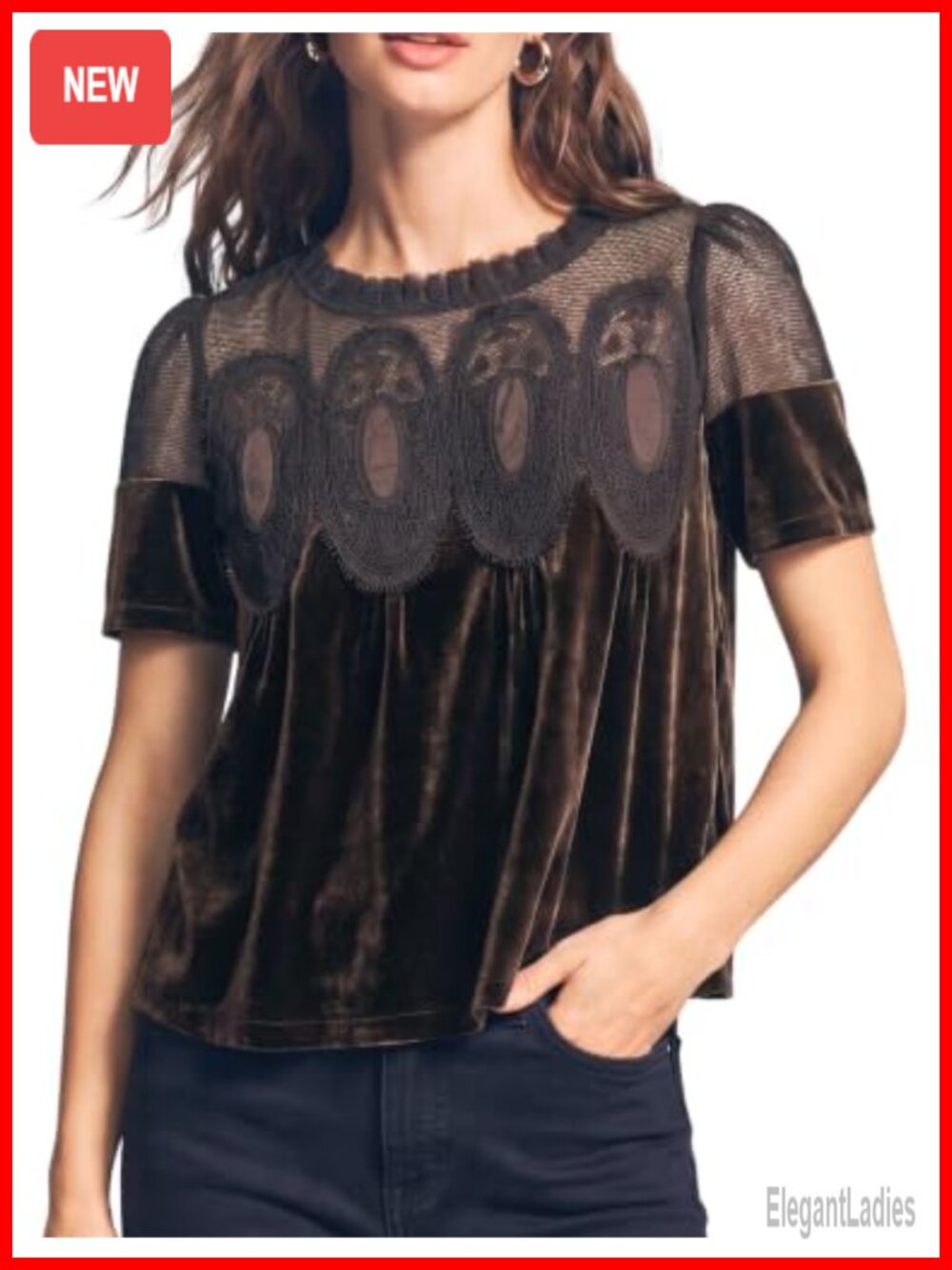 Women's Velvet Lace Blouse Short Sleeve Flowy Top